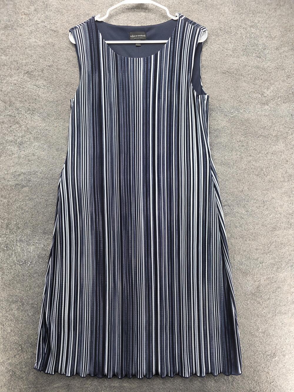 Connected Apparel Dress Womens 10P Blue A-Line Midi Sleeveless Striped Pleated